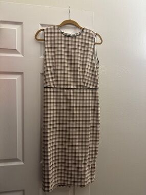 Ann Taylor Cream Midi Sheath Dress with Brown and Black Plaid